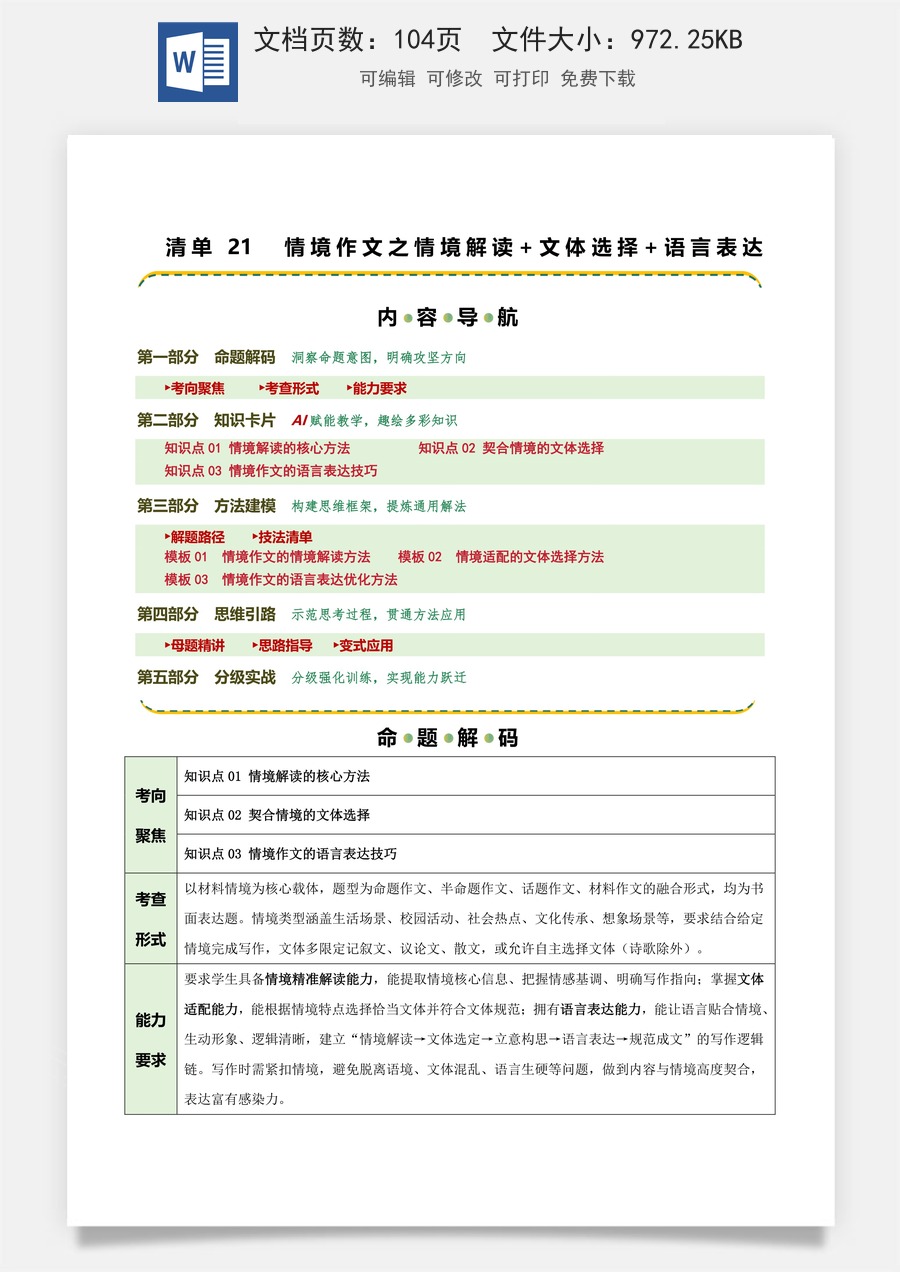 初中-语文-中考语文-二轮复习知识点-清单21 情境作文之情境解读+文体选择+语言表达（知识·方法·能力清单）（教师版）.docx